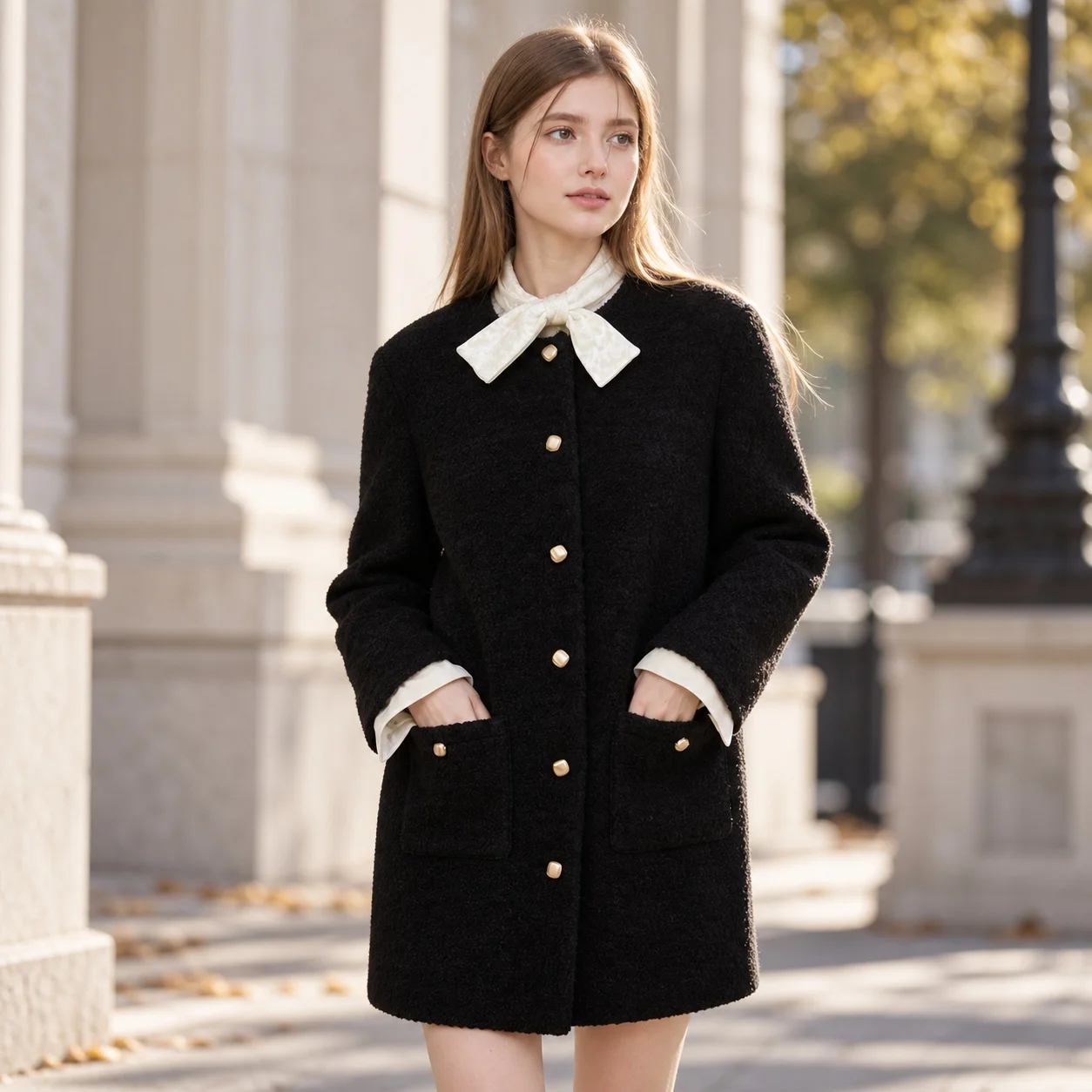 Round Neck Thick Coat Mid Long Length Elegant Commuter with Loose Fit Belted Composite Construction Casual Women Autumn Jacket