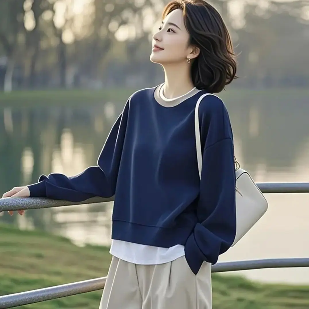 Women Layered Look Sweatshirt 2026 Spring Autumn Crew Neck Pullover Casual Loose Fit Long Sleeve Outerwear