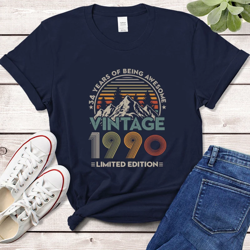 34 Years of Being Awesome Vintage 1990 Limited Edition Women T Shirt Cotton Retro 34th Old Birthday Clothes Mountains Top Tshirt