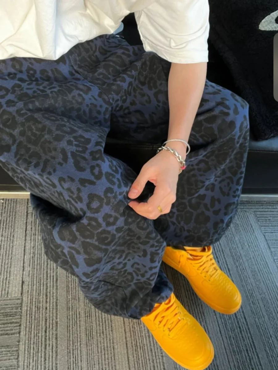 American Style High Street Men's Blue Leopard Print Denim Jeans Washed Canvas Knife  Loose Straight Leg Trendy Pants