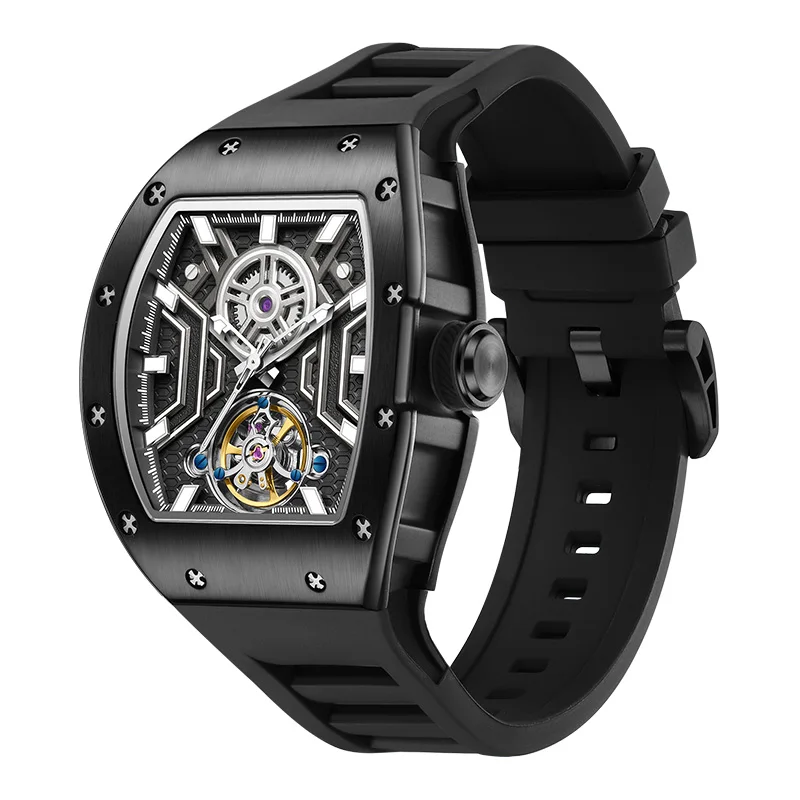 2026 CHANCE WATCH Wristwatch Fashion Black Waterproof Automatic Mechanical Watch with Luminous Hands Silicone Strap Tonneau Dial