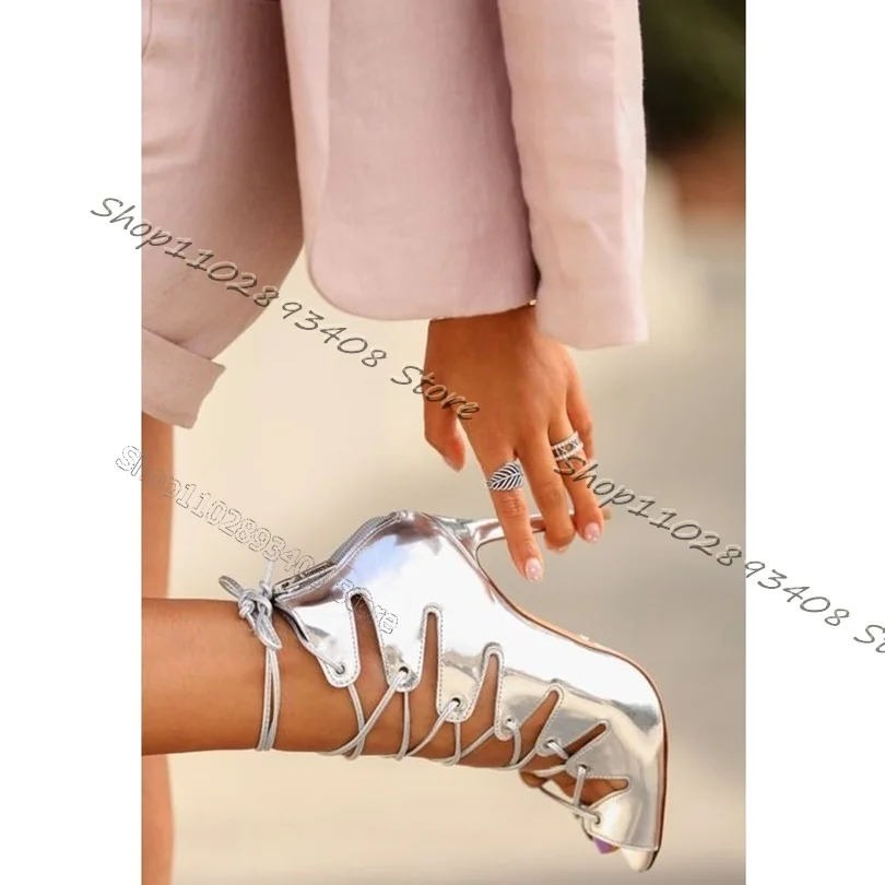 Sliver Hollow Cross Tied Sandals Women Summer Peep Toe Back Zipper Stiletto High Heels Sandals Dress Shoes 2023 Zapatillas Mujer