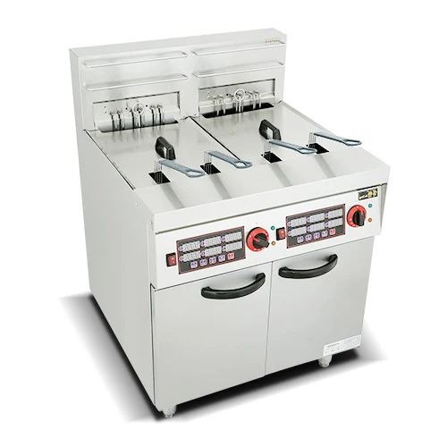 

Коммерческая вертикальная электрическая фритюрница с двумя цилиндрами, 2 баками, 4 корзинами, таймером и шкафом