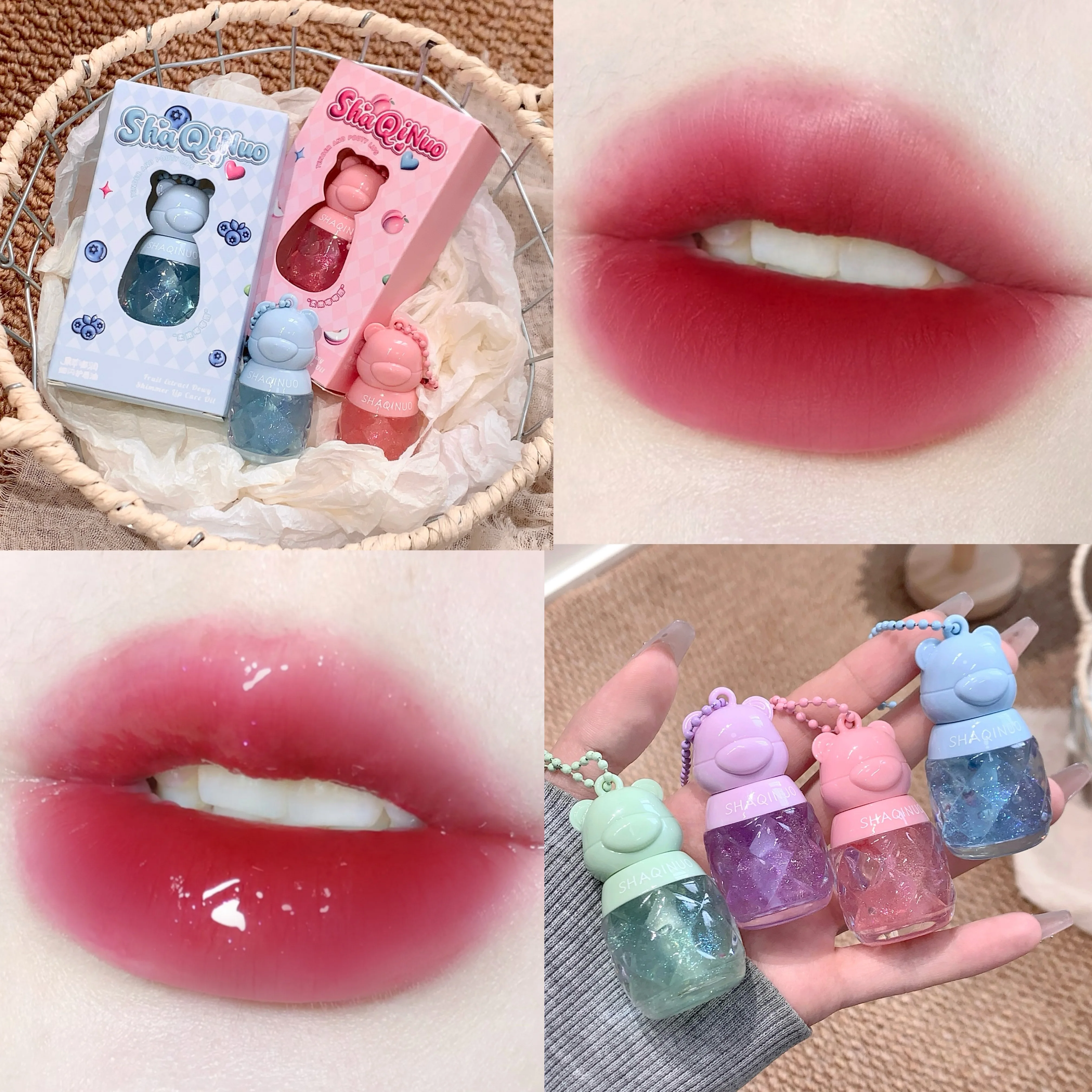 SHAQINUO Lindo aceite de labios con sabor a fruta, se puede colgar en la llave, bálsamo labial hidratante e hidratante para base de lápiz labial, reduce la línea de labios