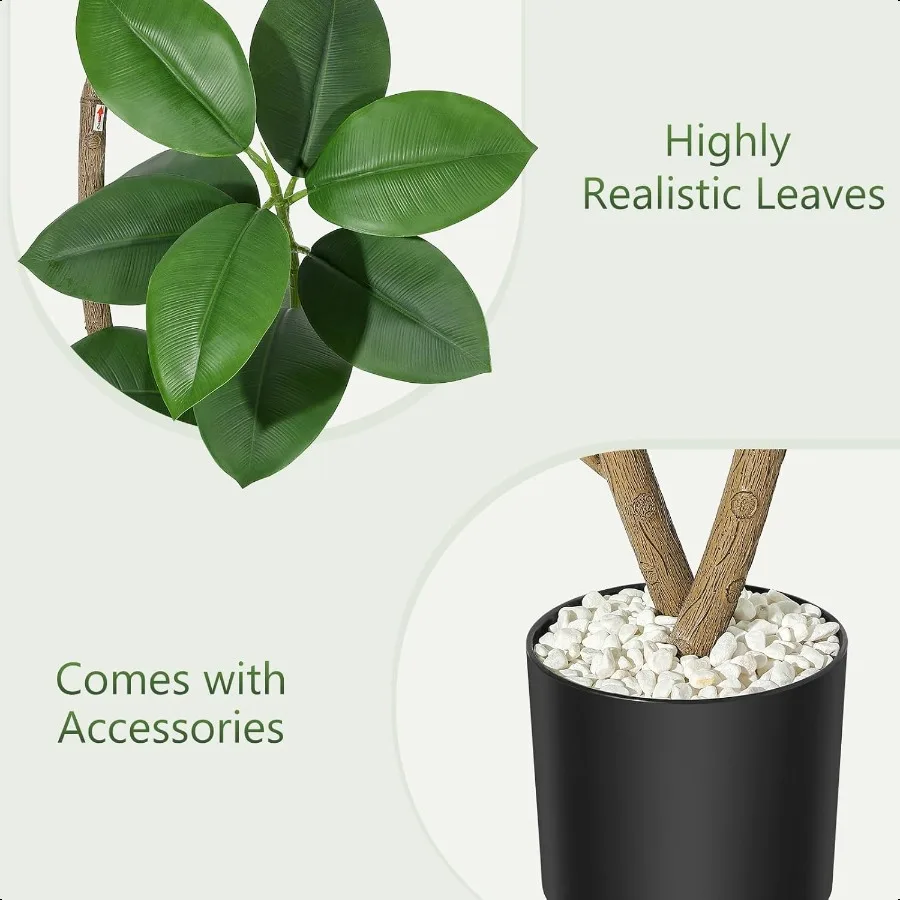 6FT Artificial Plants Rubber Tree with Black Resin Potand White Stone Faux Tree Indoor Artificial Trees Tall Plant Fake Tree Tr
