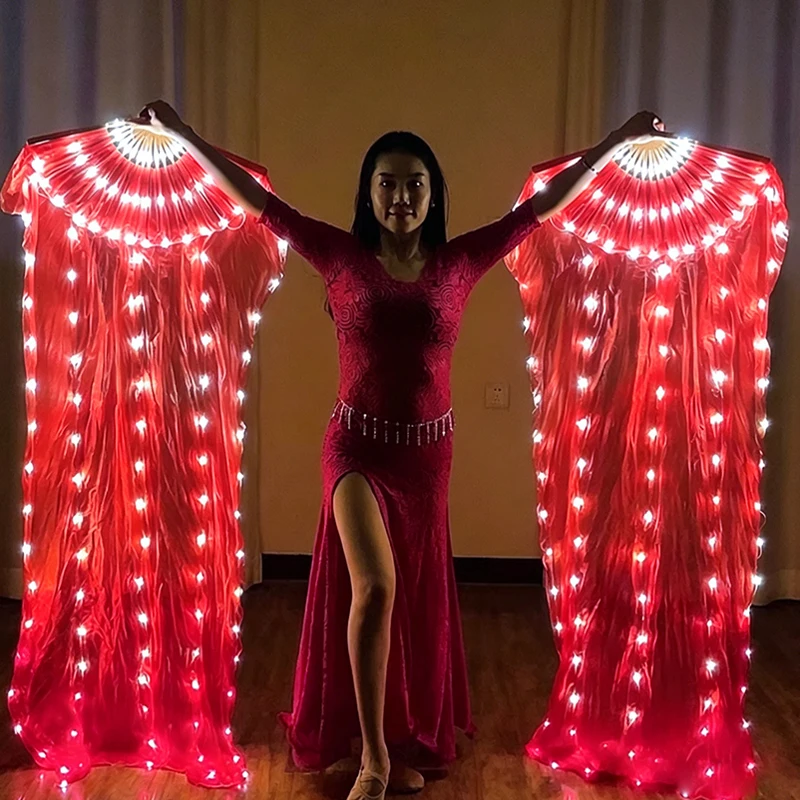 1.5M Luminous Foldable Fan Night Show Belly Dance Glowing Fans Stage Performance Long Silk Fan Classical Fan with LED Lights