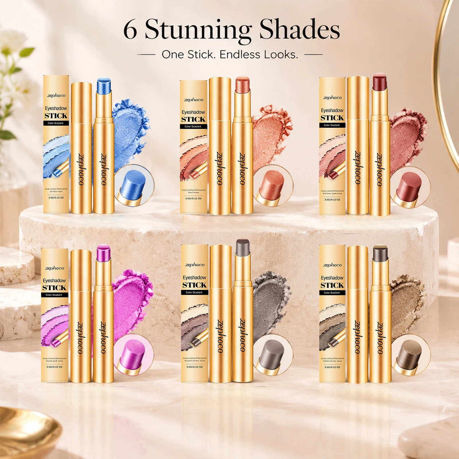 6 Colors Eye Shadow Stick Long Lasting Waterproof Sweat-Proof Smudge-Proof Shimmer Eyeshadow Stick for Different Eye Makeup