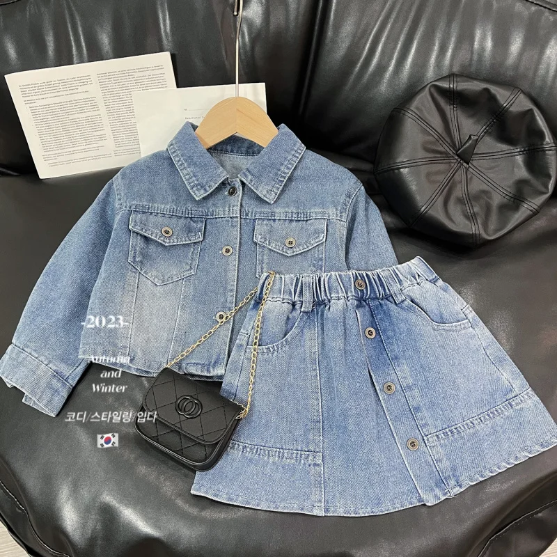 

Girls' Denim Jacket Set Spring and Autumn New Children's Denim Coat+Vintage Denim Skirt Two-Piece Set