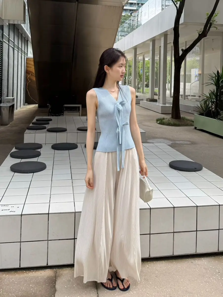 Casual Pleated Wide Leg Pants High Waist Straight Cut Elegant Top Commute Set Polyester Fiber Elastic Waist Pure Color