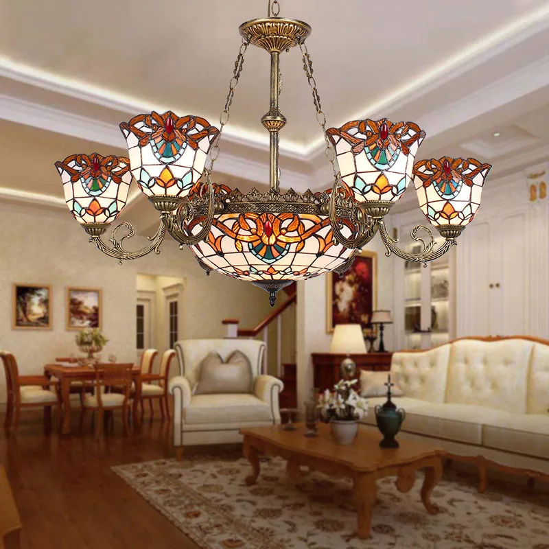 Tiffany Luxury LED Chandelier Stained Glass Baroque Lampshade Pendant Light Bedroom Dining Living Decor Ceiling Hanging Lamp