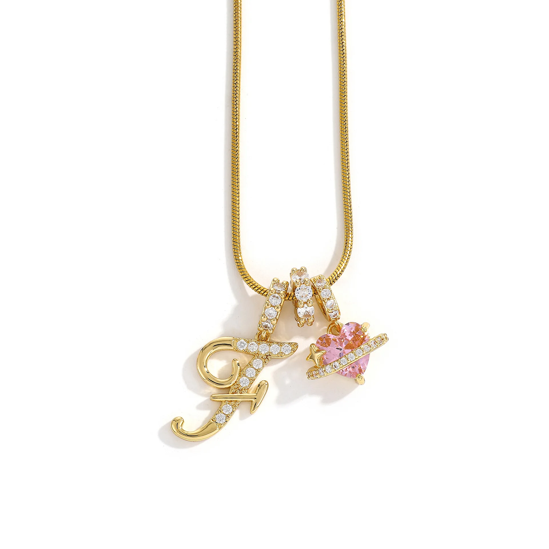 Women's A-Z Initial Letter Pendant Necklace Snake Chain Initial Alphabet CZ Pink Heart Necklace Adjustable Size Hypoallergenic