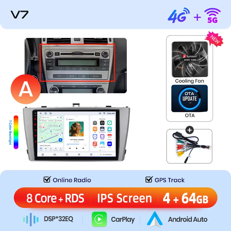 Junsun draadloze CarPlay Android Auto autoradio voor Toyota Avensis Mk3 (T270) 2009-2018 met ingebouwde koelventilator, Android GPS navigatie, multimediaspeler, WiFi, DSP, RDS, BT, SWC, IPS