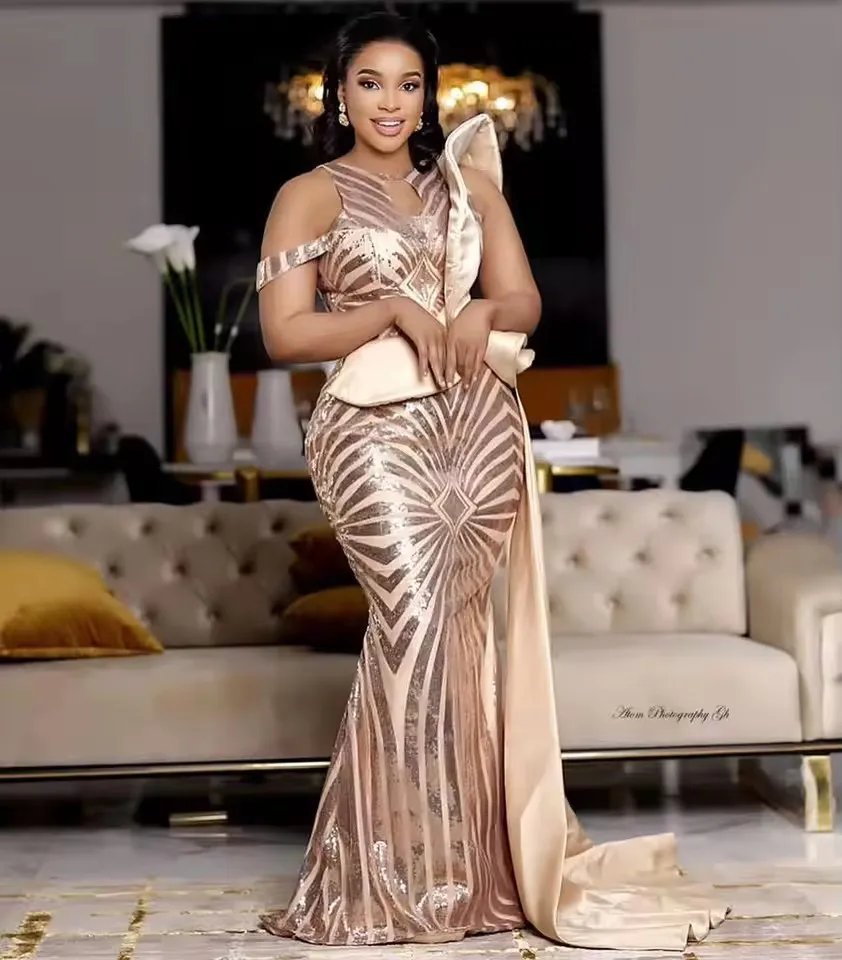 

Arabic Aso Ebi Champagne Mermaid Prom Dress Sequins Evening Formal Party Second Reception Engagement Bridesmaid Gowns customized