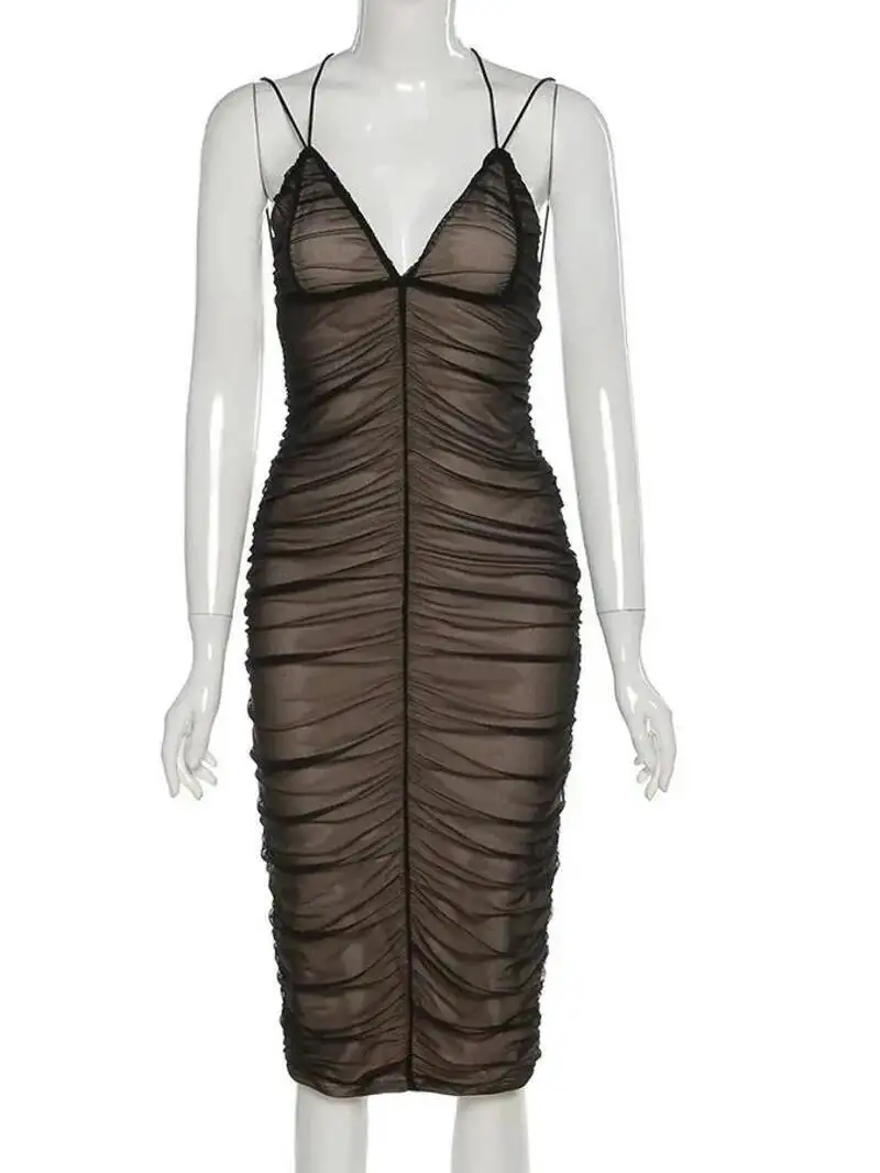 Verão feminino vestido de verão profundo decote em v dupla camada sem costas vestido de festa estilo praia baile tendência elegante roupas de férias