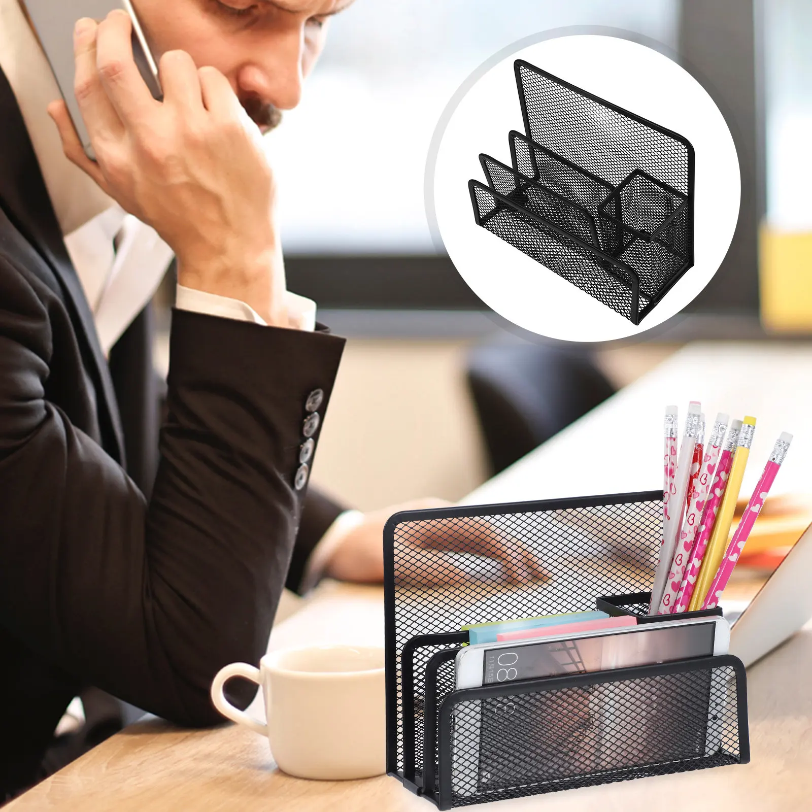 Sleek Black Iron Mesh Desktop Organizer for Files Pens Letters Envelopes Stand Up File Holder File Organizer Vertical