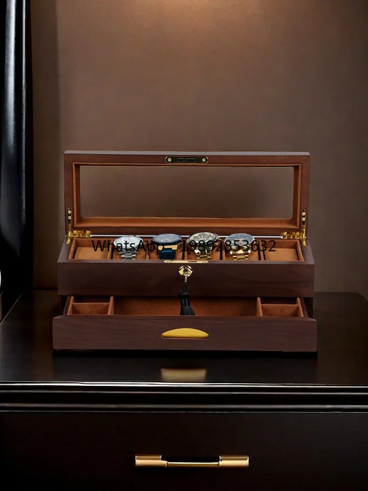 Walnut watch box 6-gauge double-layer jewelry box with lock drawer mechanical watch storage display box