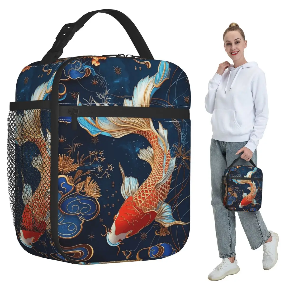 Vibrant Koi Fish Design Insulated Lunch Bag for Women Office Cooler Thermal Food Box Tote Leakproof Lunch Boxes Container