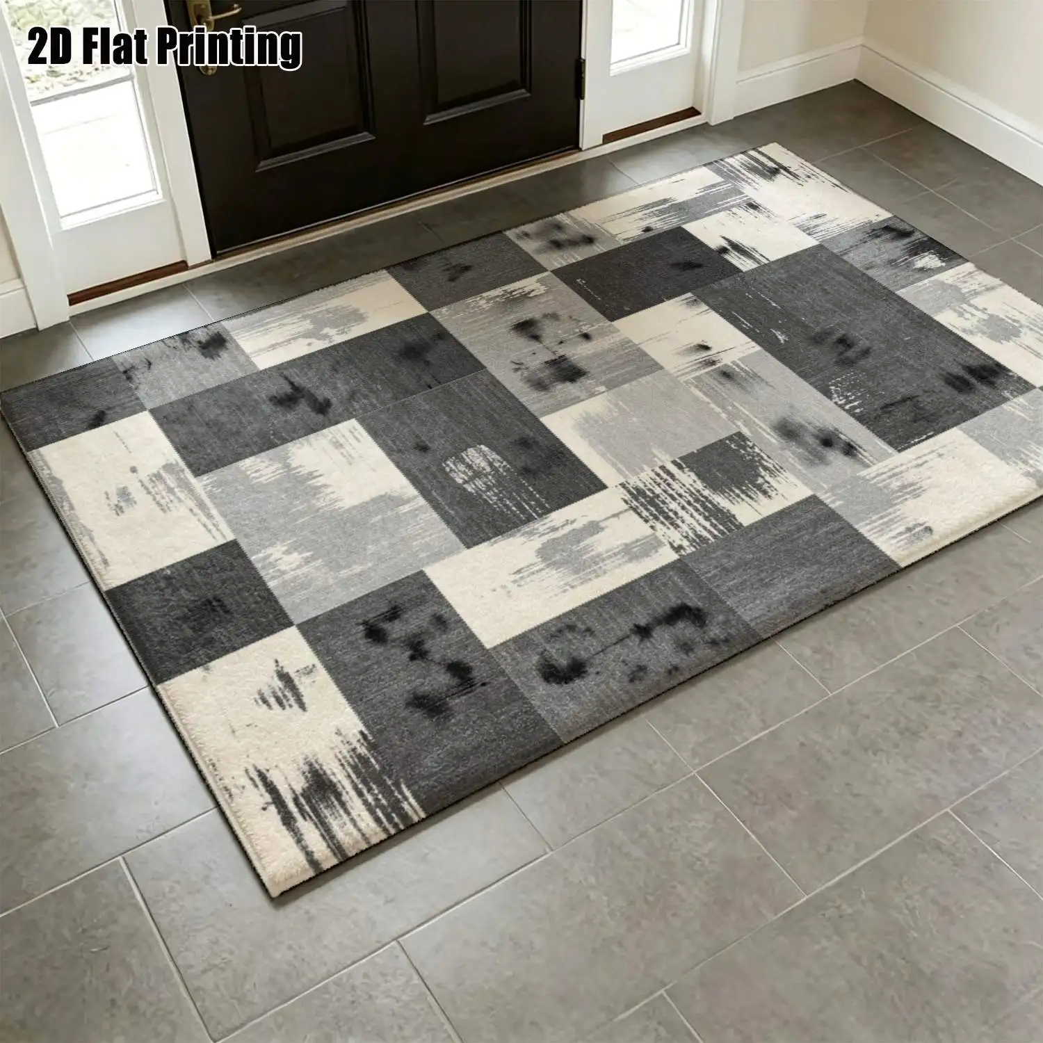 1Pc 2D Printed Abstract Patchwork Carpet, Black/Grey/White, Modern Minimalist, Instagram/Nordic Decor Style, Multiple Sizes, Machine Washable, for Entrance/Dining/Foyer/Study/Living/Bedroom