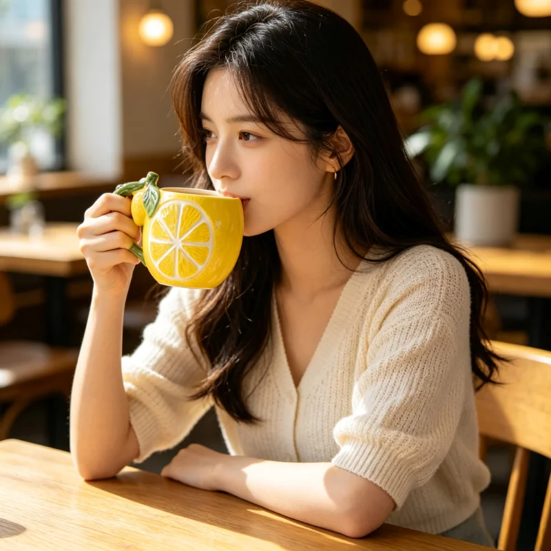 1 Pcs Lemon Shaped Ceramic Mug Creative Party Drinking Glasses Colored Painting Relief Fruit Milk Juice Coffee Mug Dropshipping