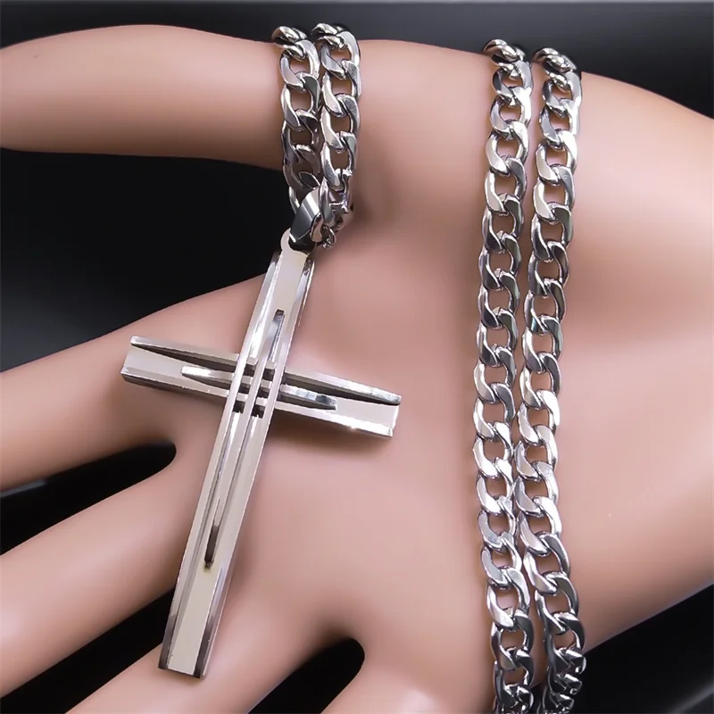 Hip Hop Faith Big Cross Religious Necklace Stainless Steel Chain for Men Rock Crucifix Pendant Necklace Party Jewelry Accessory