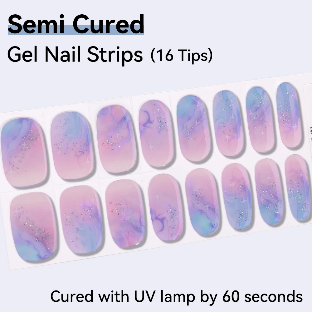 Semi-Cured Gel Nail Strips 16 Tips Adhesive Multi-pattern DIY Press On Nails Full Cover Salon Quality Home Manicure