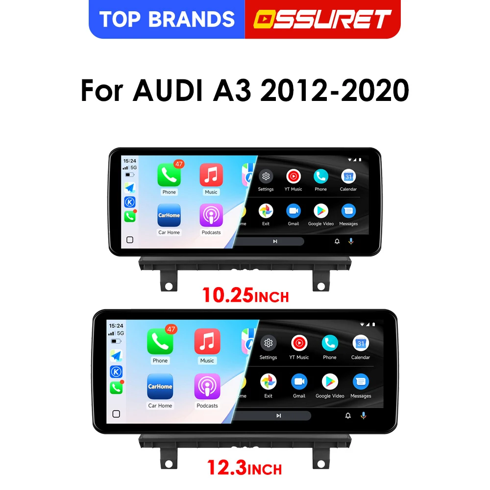OSSURET Schneller Versand 10,25'' 12,3'' Plug&Play Autoradio für AUDI A3 2012–2020 Autoradio mit Wireless Carplay, Android Auto, Mirror Link, Bluetooth Freisprecheinrichtung, SWC, Radio 1920*720,