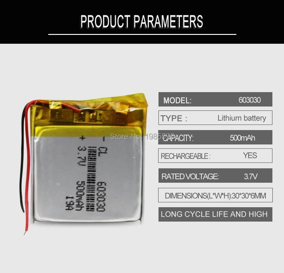 603030 3.7V 500mAh Lithium Polymer Li-Po li ion Rechargeable Battery For toys speaker Tachograph GPS Bluetooth Lipo cell