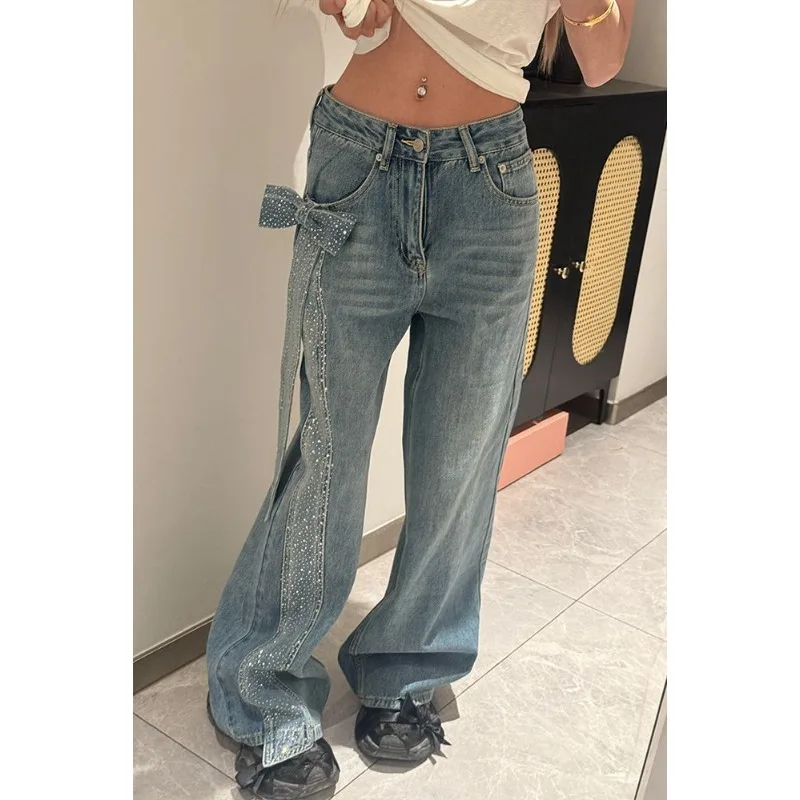 American Spice Girl Design Sense Bow Jeans Children 2026 Spring Vintage Fashion Floor Pants