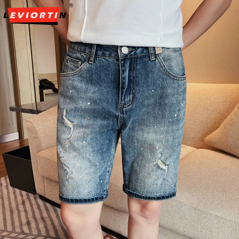 

2024 Summer New Men's Thin Versatile Casual Perforated Blue Denim Middle Pants Trendy Brand Loose Straight Split 5/4 Pants