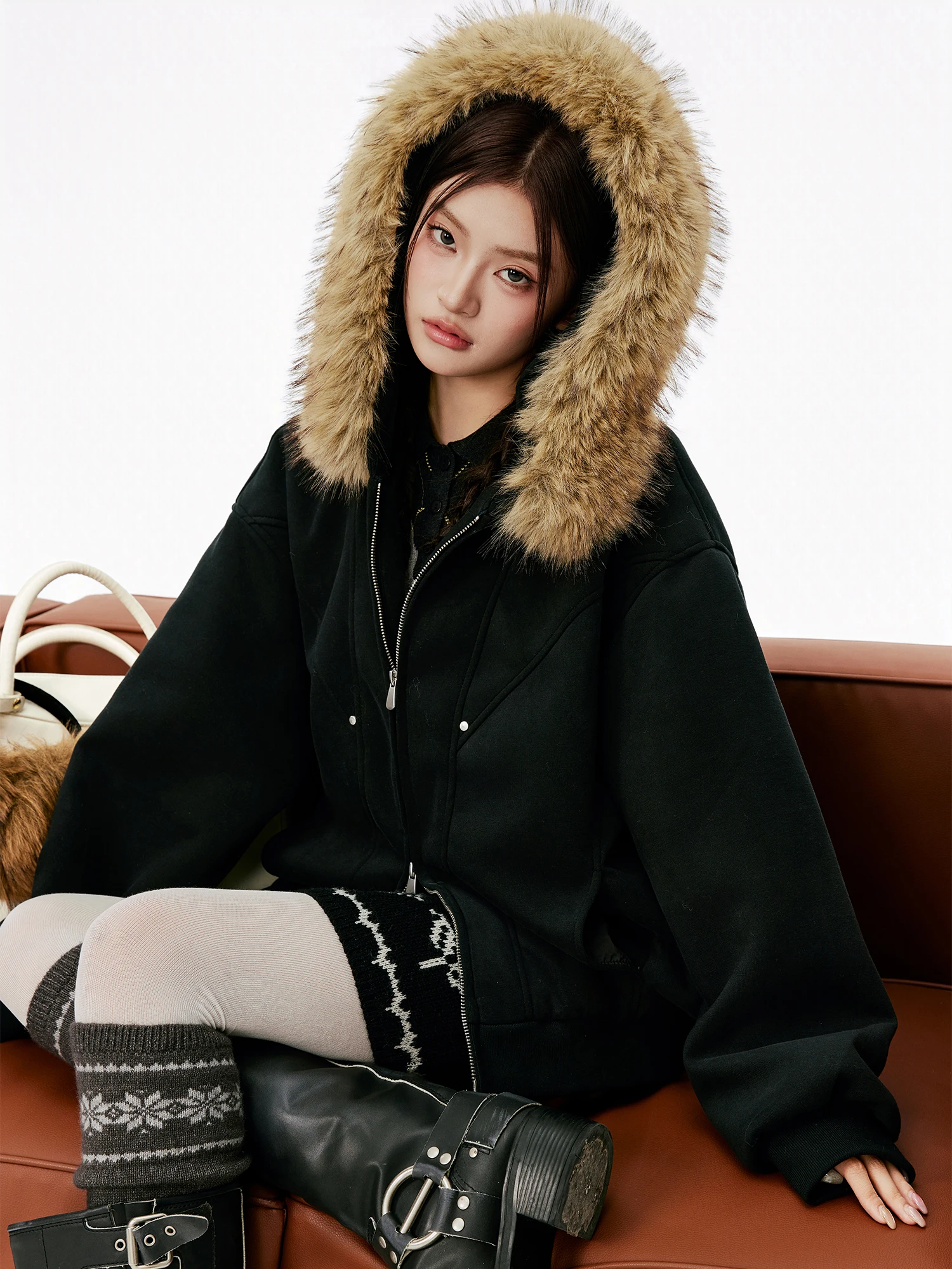 

Burgenland Korean Sle Thiened Zipper Loose Cotton Jaet Women's Winter Fur Collar Hooded Cotton Coat Thi Outerwear