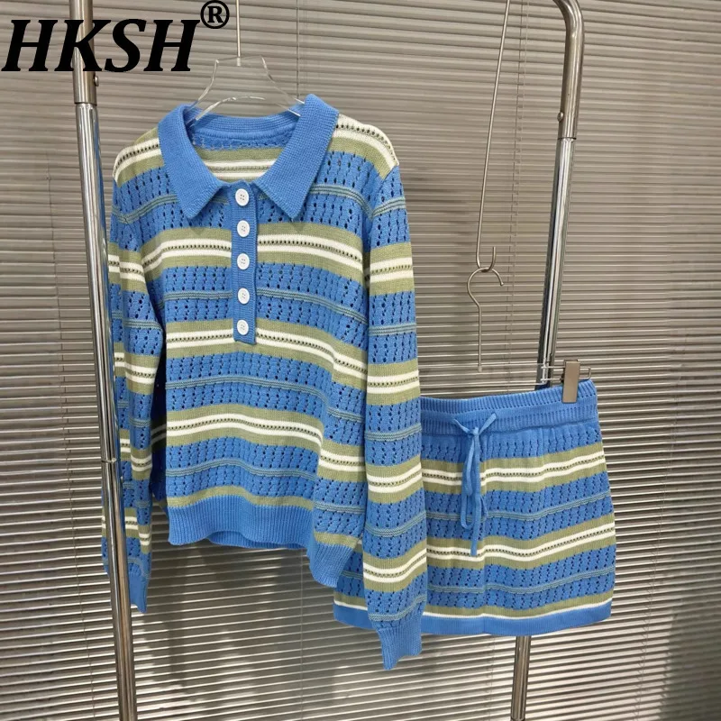 

HKSH комплект из двух предметов для женщин, осенний новый отложной воротник, полосатый вязаный свитер на шнурке, короткая юбка HK10842
