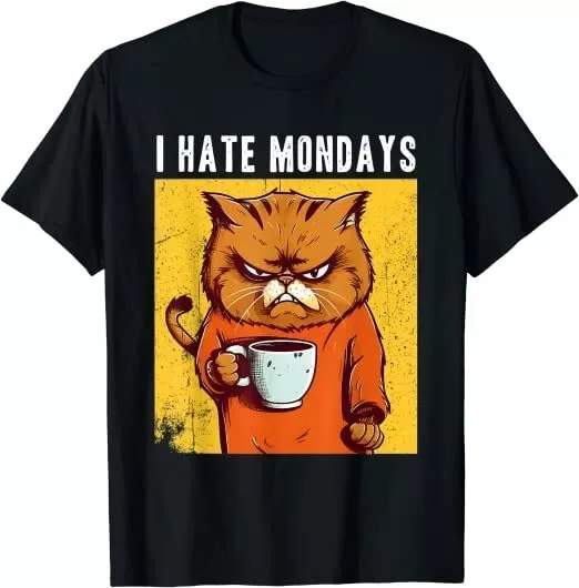 Angry Cat Drinking Coffee I hate Mondays Funny Gift Unisex T-Shirt S-5XL