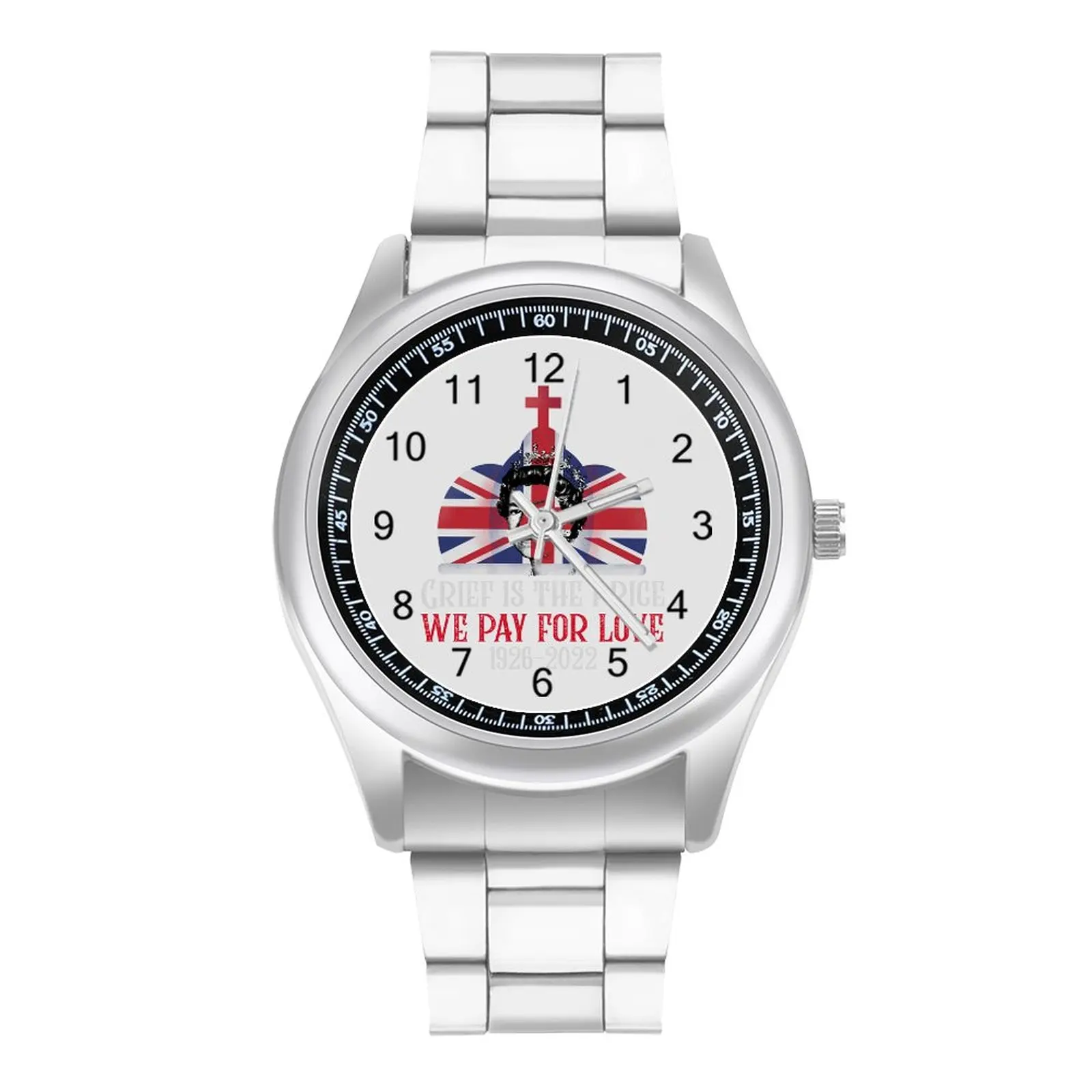 

Grief Is The Price We Pay for Love White Quartz Watch Queen UK Flag Strong Boy Wrist Watches Design Stainless Design Wristwatch