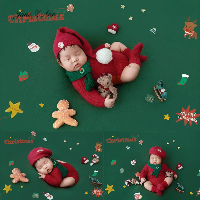 

Newborn Christmas photography outfit set baby Santa costume red hat white pom+green scarf+clothes+socks for infant photo props