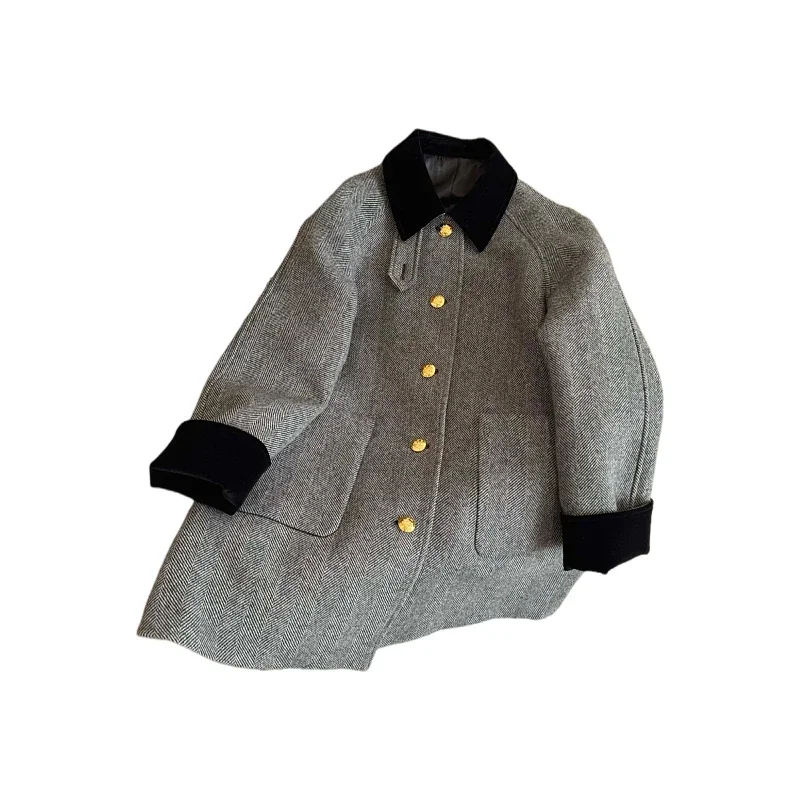 Elegant black and white diagonal mid length jacket college style color block collar gold single breasted women\'s fashion coat