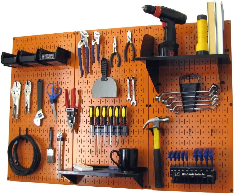 Wall Control 4 ft Metal Pegboard Standard Tool Storage Kit with Orange Toolboard and Black Accessories