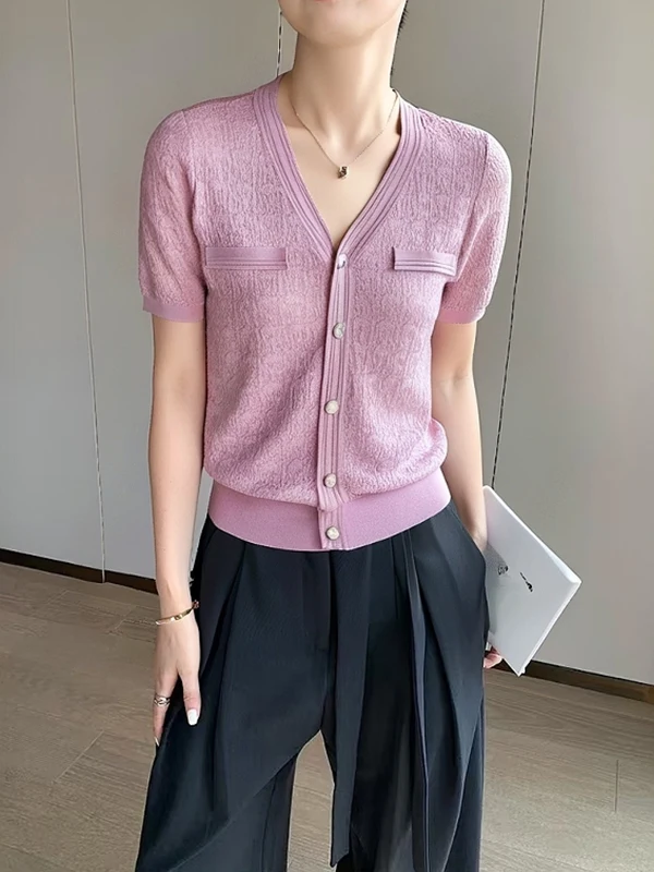 

Soft Skin-Friendly Ice Silk Knitted ort Sve Open Cardigan Lightweight Single Button Design Breathable Summer Top for Women