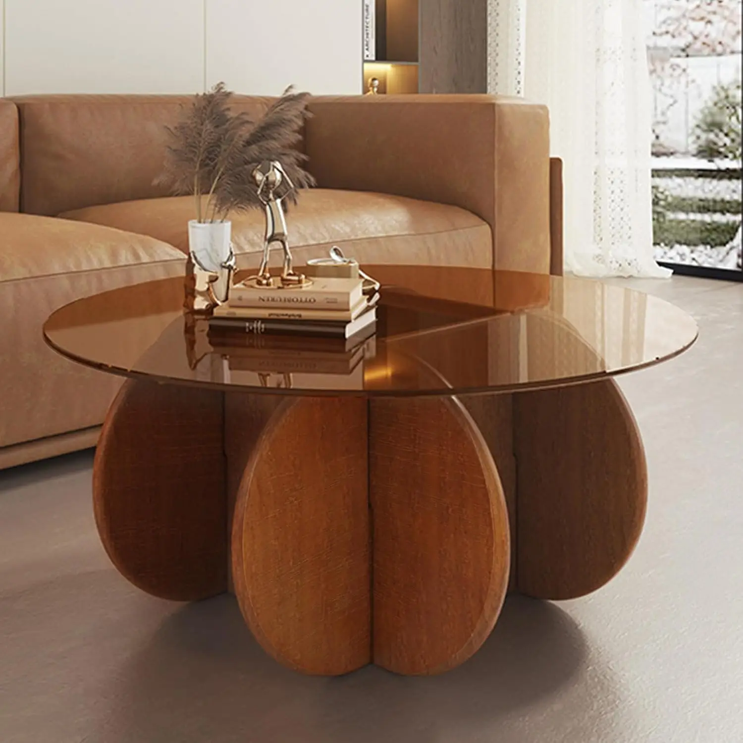 

Modern Round Coffee Table with Solid Wood Legs,31.5'' Glass Coffee Tables for Living Room Rustic Circle Center Cocktail Table wi