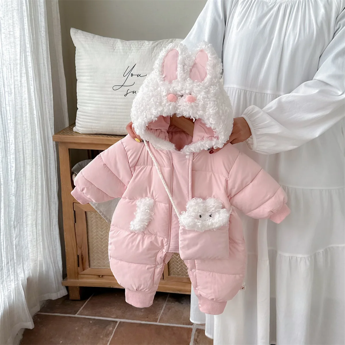 

Зимний наряд для маленьких девочек, милый хлопковый костюм с рисунком из мультфильма и шляпой, костюм Rer, высокая эластичность, с высокой талией, с хлопковой подкладкой