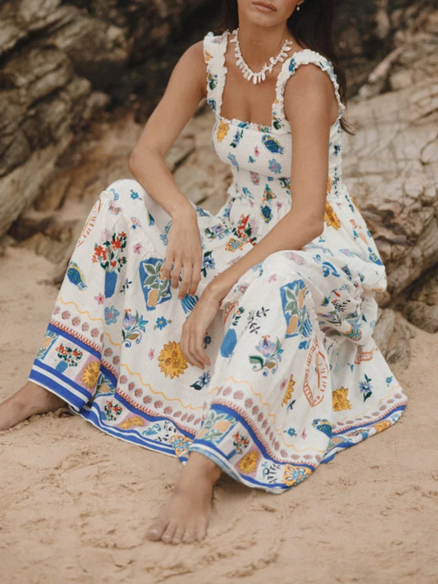 Frauen langes Cami-Kleid Blumen frucht druck ärmelloses rücken freies, fließendes A-Linien-Kleid für den Strand