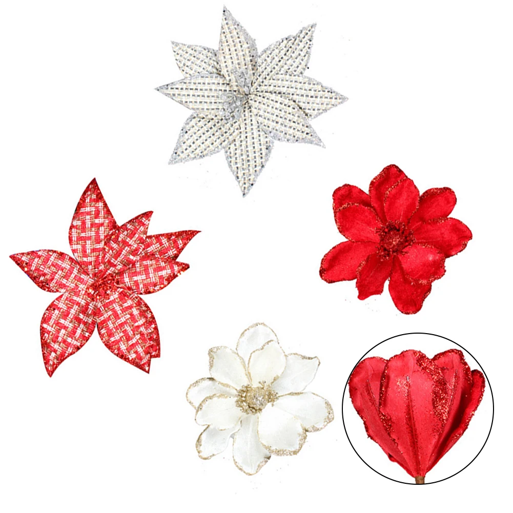 Flor de Navidad de simulación de polvo dorado, flor de tela decorativa de boda, decoración navideña para el hogar, regalos de bricolaje, flores artificiales