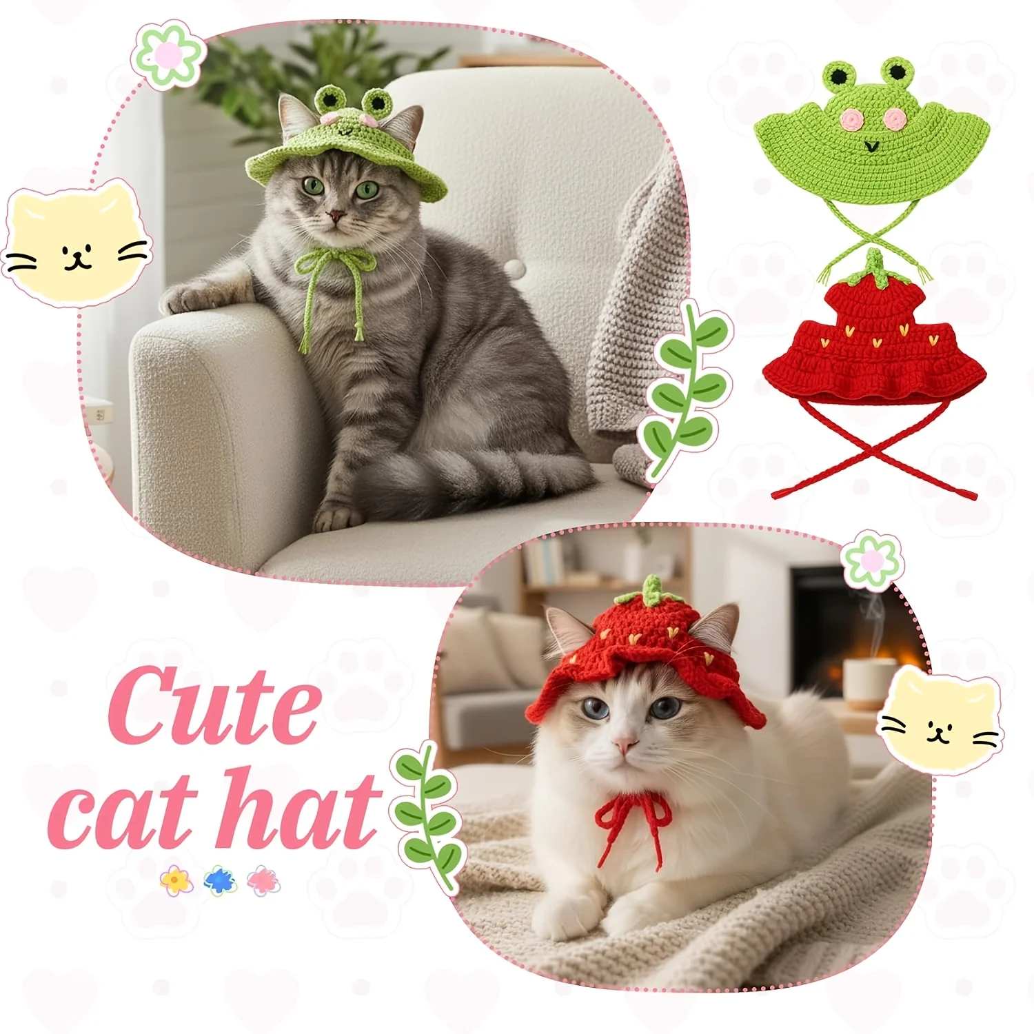 Katzenmützen nur für Katzen: Süße gestrickte Katzenmütze, Erdbeer-Mütze mit verstellbarem Kordelzug, handgemachte Häkel-Katzenkleidung, weiche, niedliche Strickmütze – Detail 5