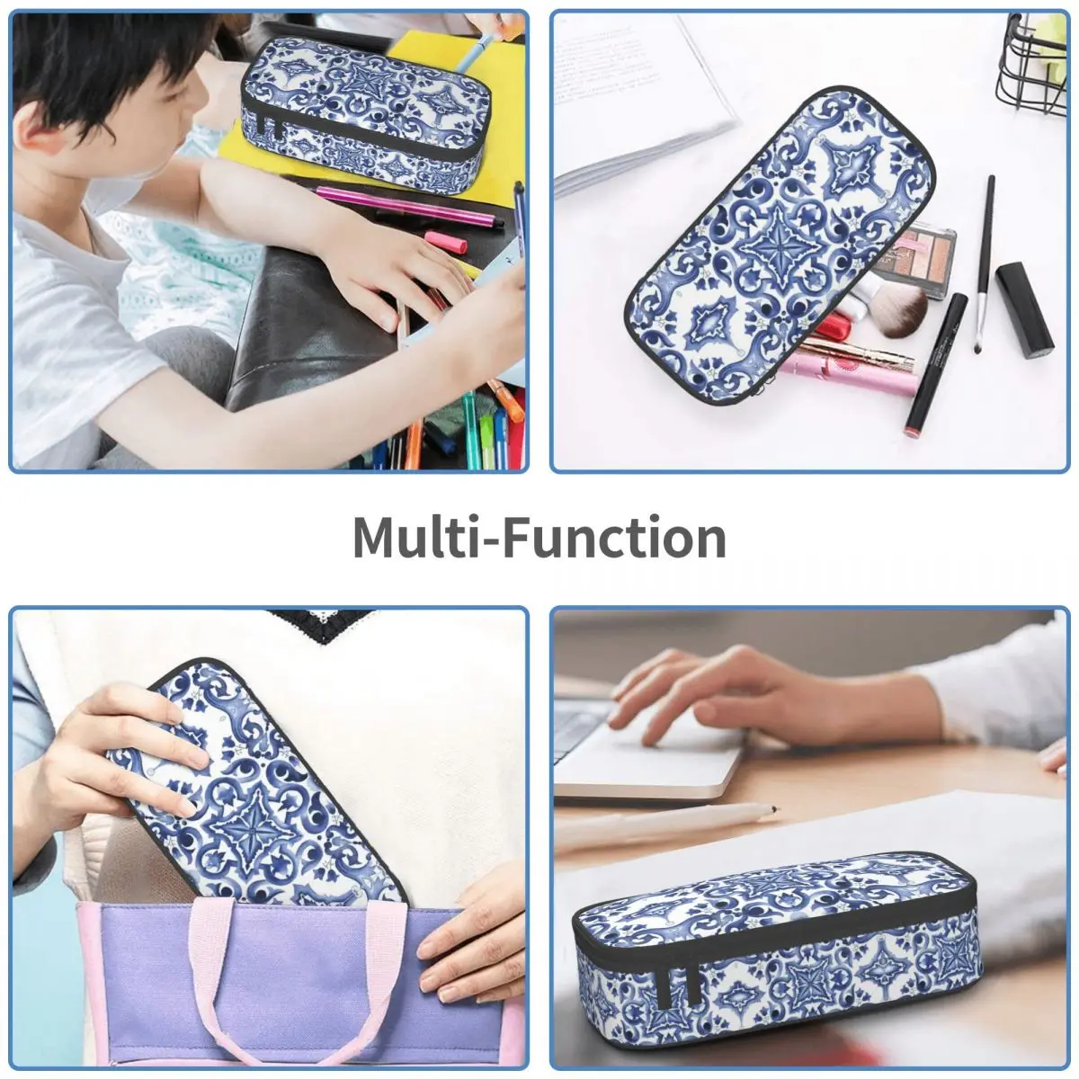 Estuches de lápices de azulejo Mediterráneo Floral adornado azul, bolsas de bolígrafos de gran capacidad, caja de bolígrafos, bolsa de lápices para niños, niñas y estudiantes