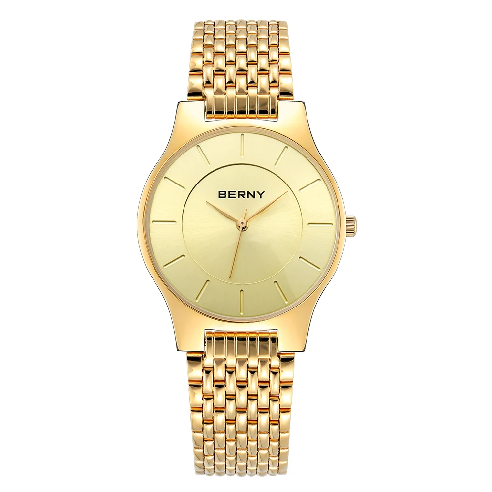 

BERNY Quartz Men Watch Gold Fashion Wristwatch Waterproof Stainless Steel Ultra Thin Top Brand Luxury Watch for Men Golden