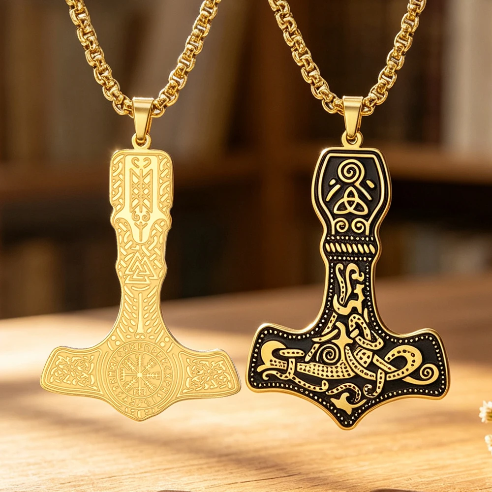 Norse Mythology Strength Symbol Odin Mjolnir Men Necklace Hammer Protection Amulet Pendant Stainless Steel Jewelry