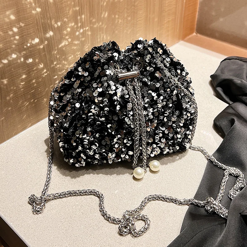 Trendy Glitter Handbag Fashion Sequined Women's Bucket Bag Female Crossbody Shoulder Bag Delicate Silver Bling Bucket XA46ZZ