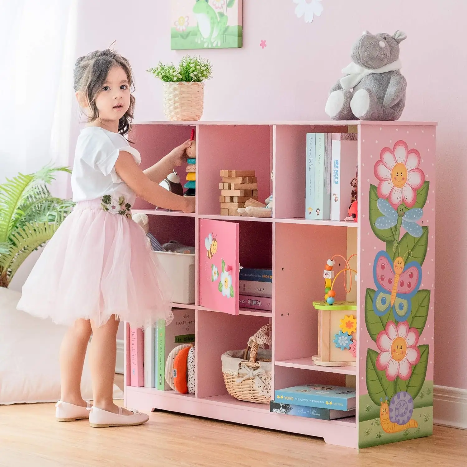 Fantasy Fields - Planken voor kleine peutermeisjes Houten boekenplank, boekenplankorganisator met babyboekenplank en speelgoed