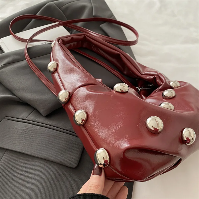 Burgundy Studded Hobo Bag for Women Y2K Trendy Large Metal Ball Rivet PU Underarm Shoulder Crossbody Handbag