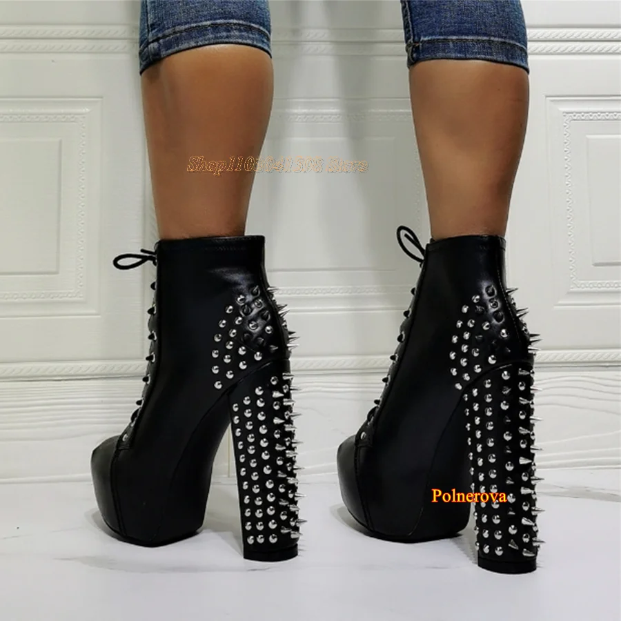 Rivet Square Heel Boots,Thick Sole Strappy High Heel Boots Round Toe Women Shoes Black Leather Heels2023 New Zapatos Para Mujere