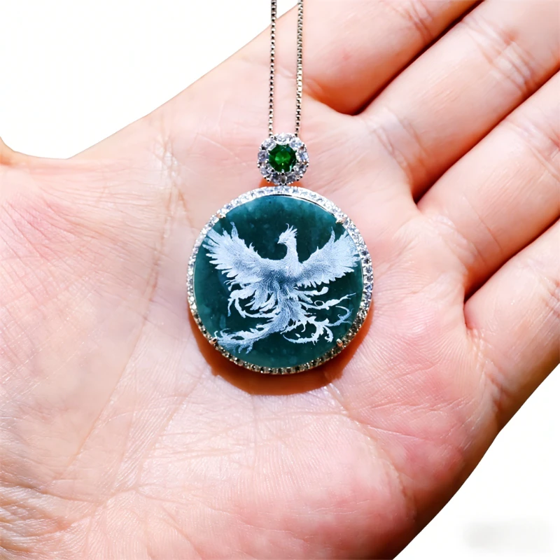 S925 Silver New Natural Real Emerald Stone-shadow Carving Phoenix Pendant Necklace Jewelry Charm Designer Luxury Gifts for Women - view 4